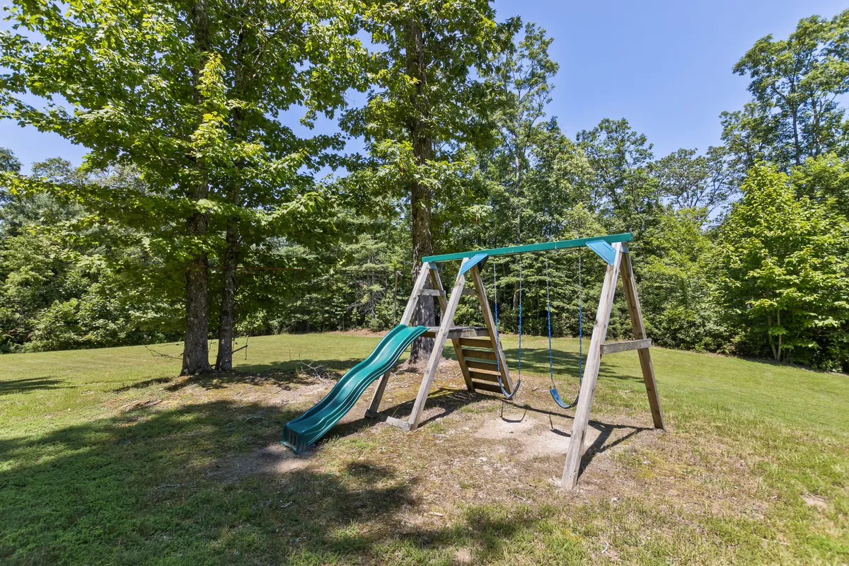 An outdoor area featuring vibrant playground equipment set amidst lush greenery and open space. The environment is cheerful and inviting, suitable for children and pets to play safely while families relax nearby.