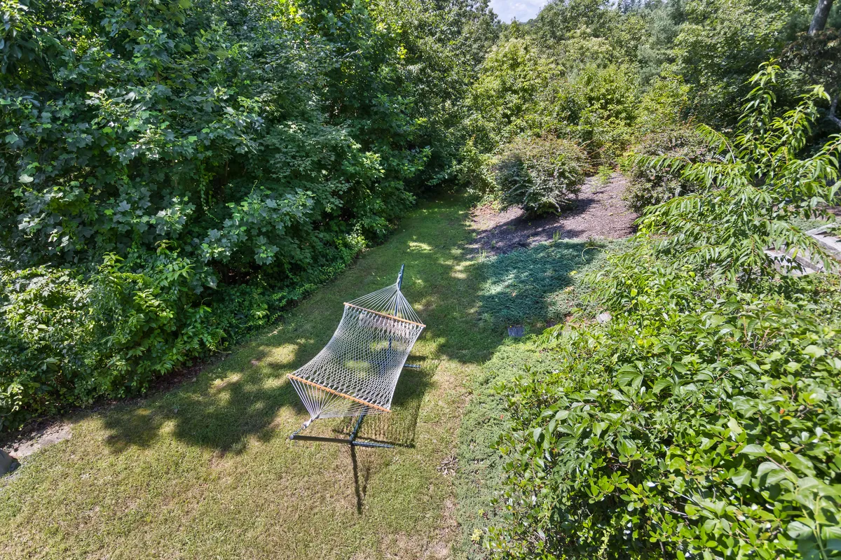 A serene backyard scene with a hammock nestled among lush greenery and flowering bushes. The inviting outdoor area encourages relaxation and peaceful moments, while providing a safe, beautiful space for both dogs and people to enjoy the mountain air.